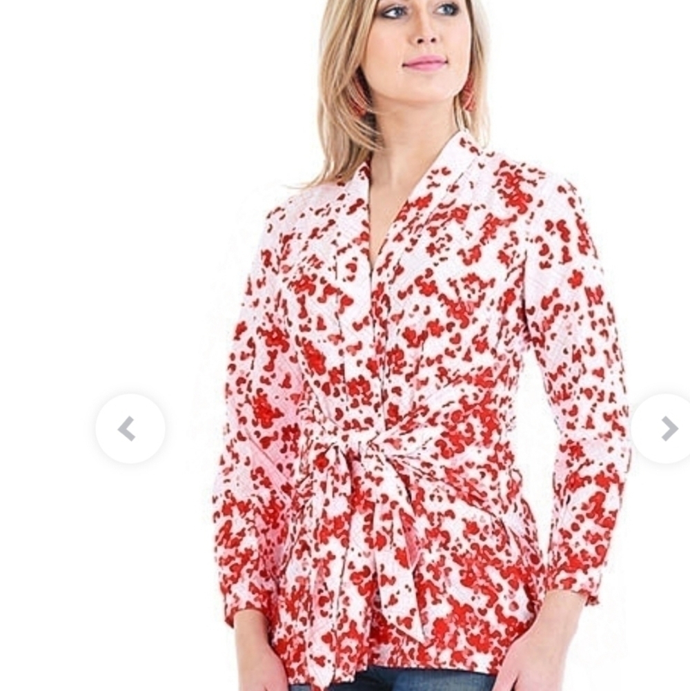eShakti Red White Heart Print Wrap Top Size Large 14